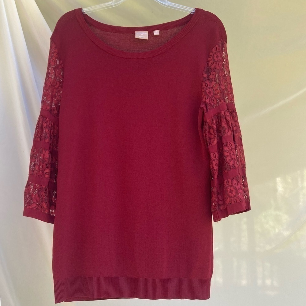 Devotion By Cyrus Red Knit Shirt With Lace Sleeves, Size Medium
